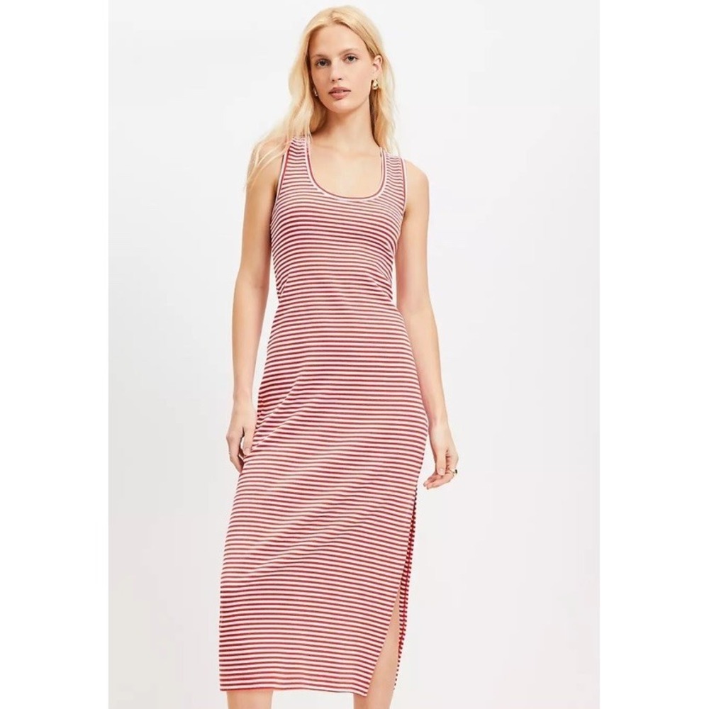 LOFT Red White Striped Tank Midi Dress Women's Size L Sleeveless Cotton